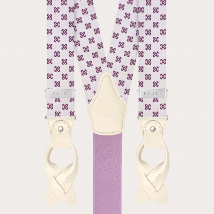 White men’s suspenders with fuchsia jacquard silk pattern