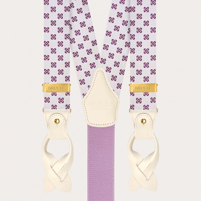 White and fuchsia silk men’s suspenders with gold-tone metal fittings