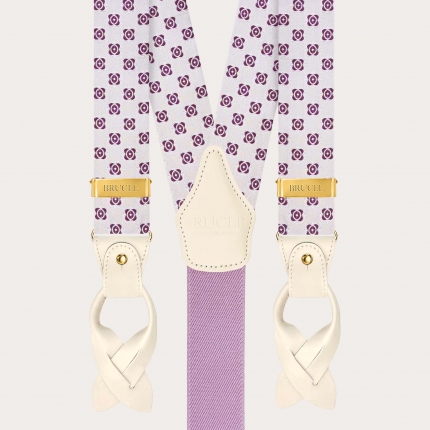 Bretelles homme en soie blanche et fuchsia avec finitions métalliques dorées