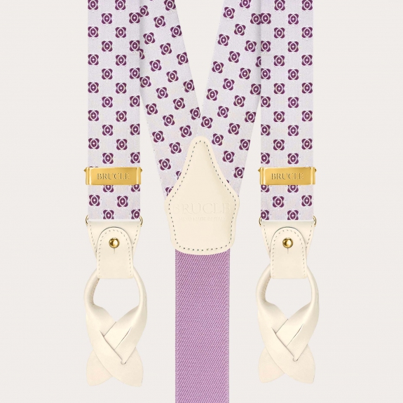 Bretelles homme en soie blanche et fuchsia avec finitions métalliques dorées