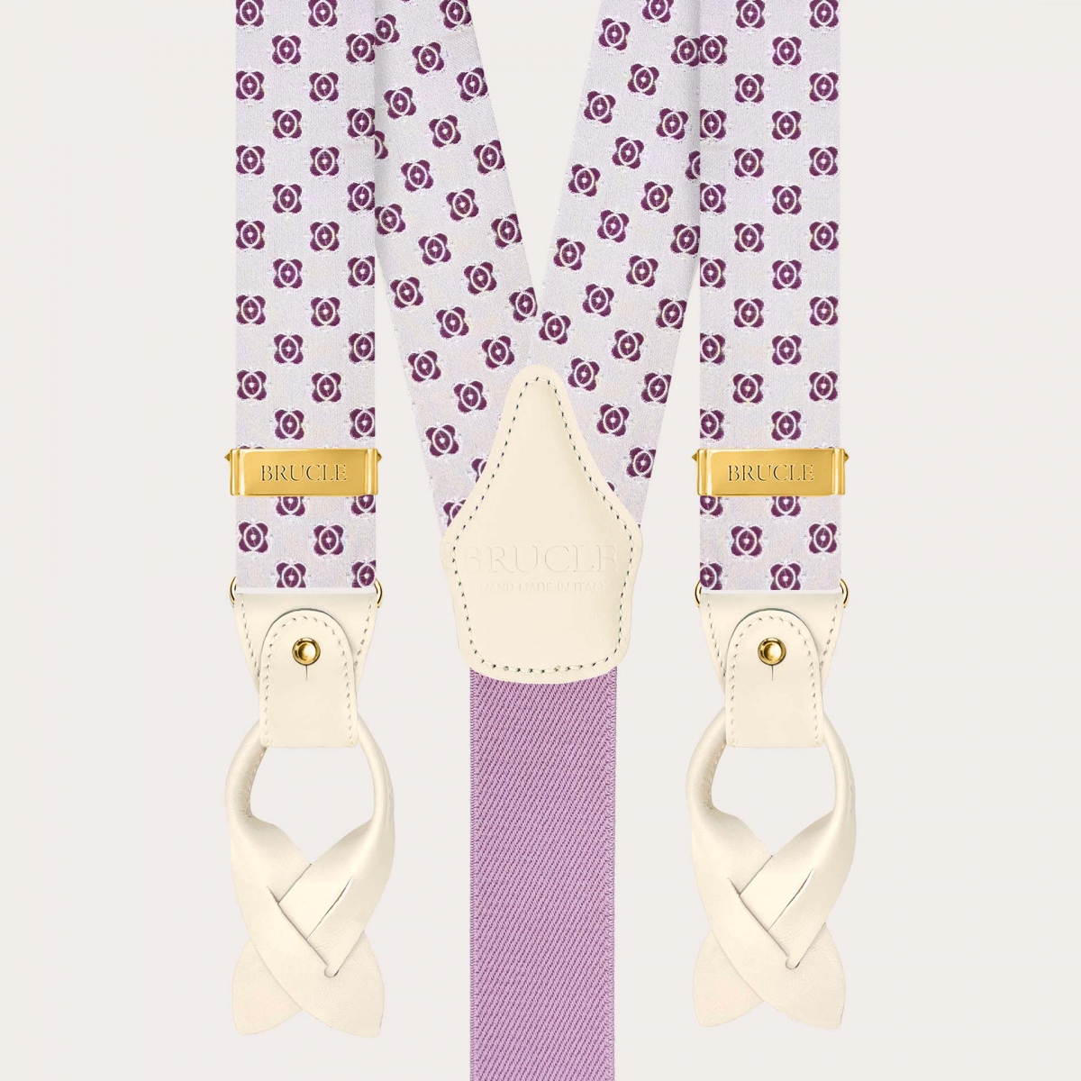 Bretelles homme en soie blanche et fuchsia avec finitions métalliques dorées