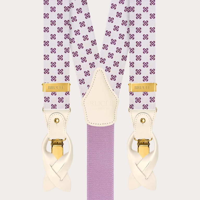 White and fuchsia silk men’s suspenders with gold-tone metal fittings