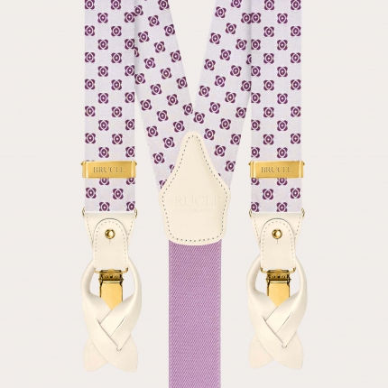 Bretelles homme en soie blanche et fuchsia avec finitions métalliques dorées