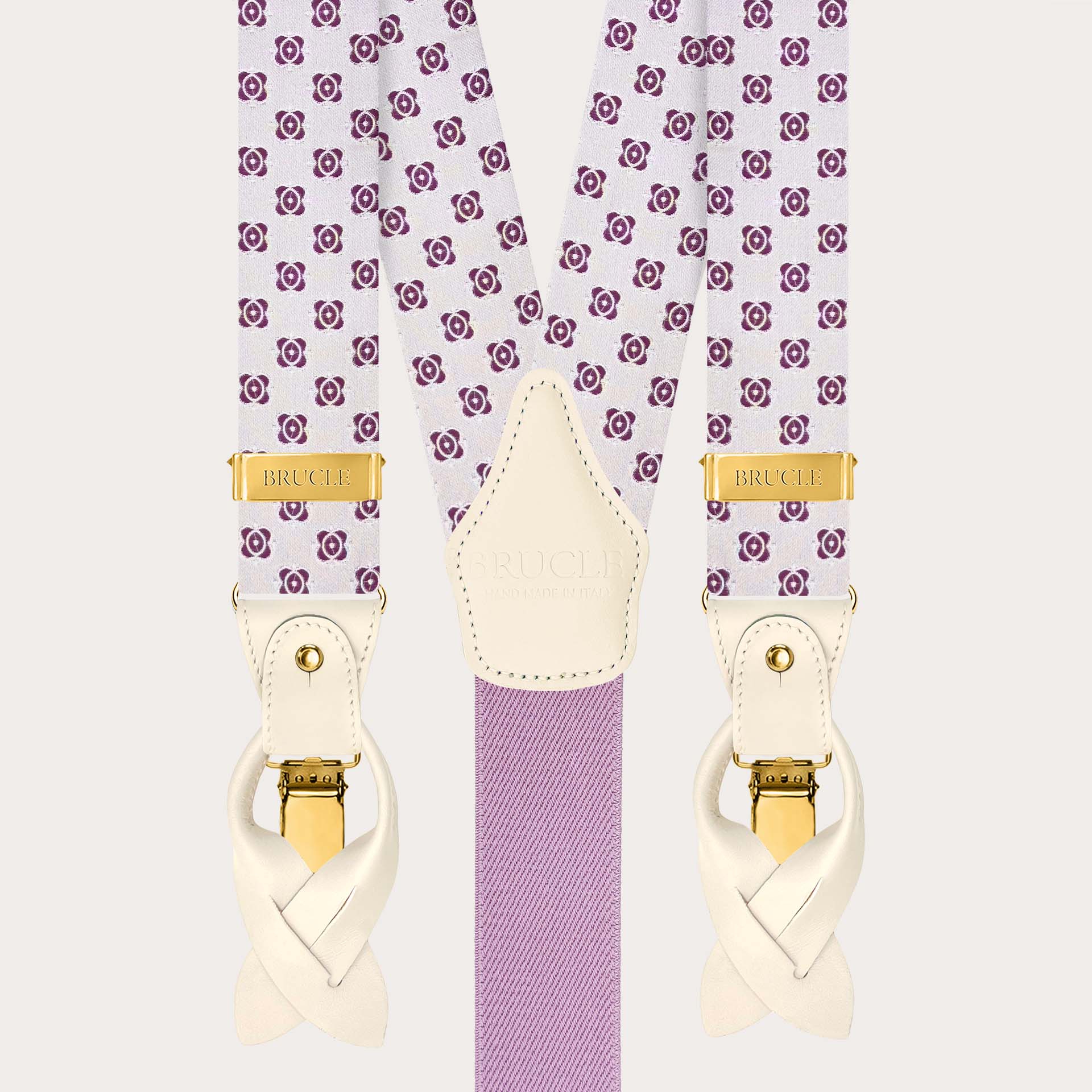 Bretelles homme en soie blanche et fuchsia avec finitions métalliques dorées