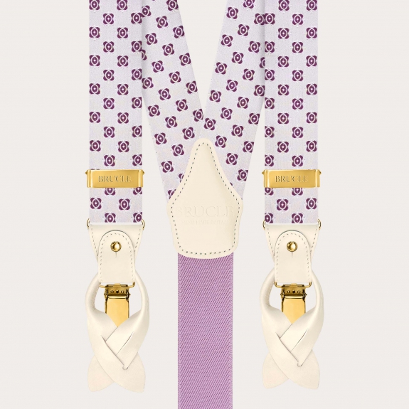 Bretelles homme en soie blanche et fuchsia avec finitions métalliques dorées