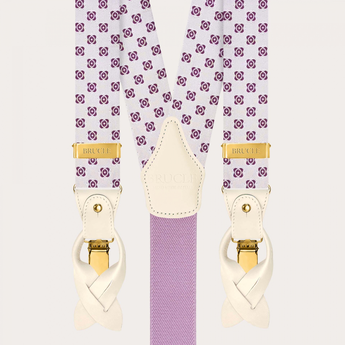 White and fuchsia silk men’s suspenders with gold-tone metal fittings