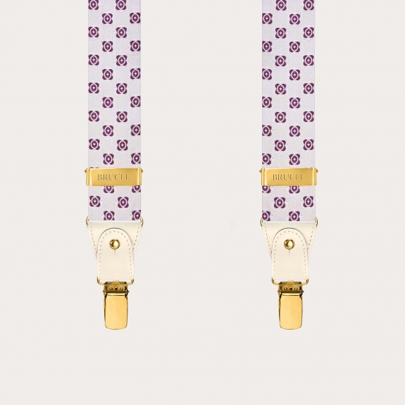 White and fuchsia silk men’s suspenders with gold-tone metal fittings