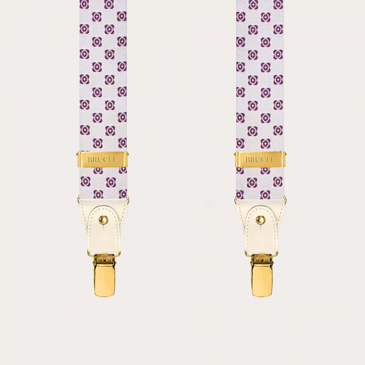 Bretelles homme en soie blanche et fuchsia avec finitions métalliques dorées