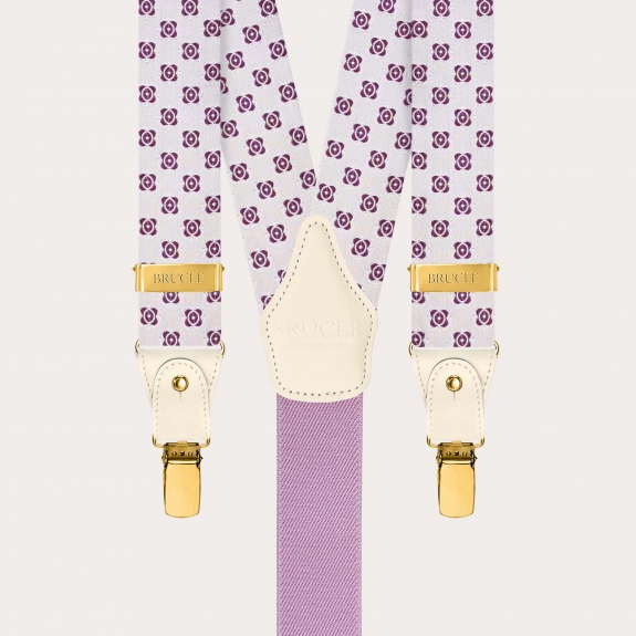 White and fuchsia silk men’s suspenders with gold-tone metal fittings