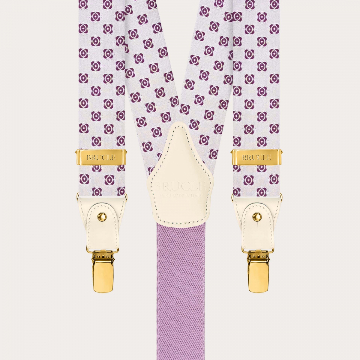 Bretelle uomo in seta bianca e fucsia con parti metalliche oro