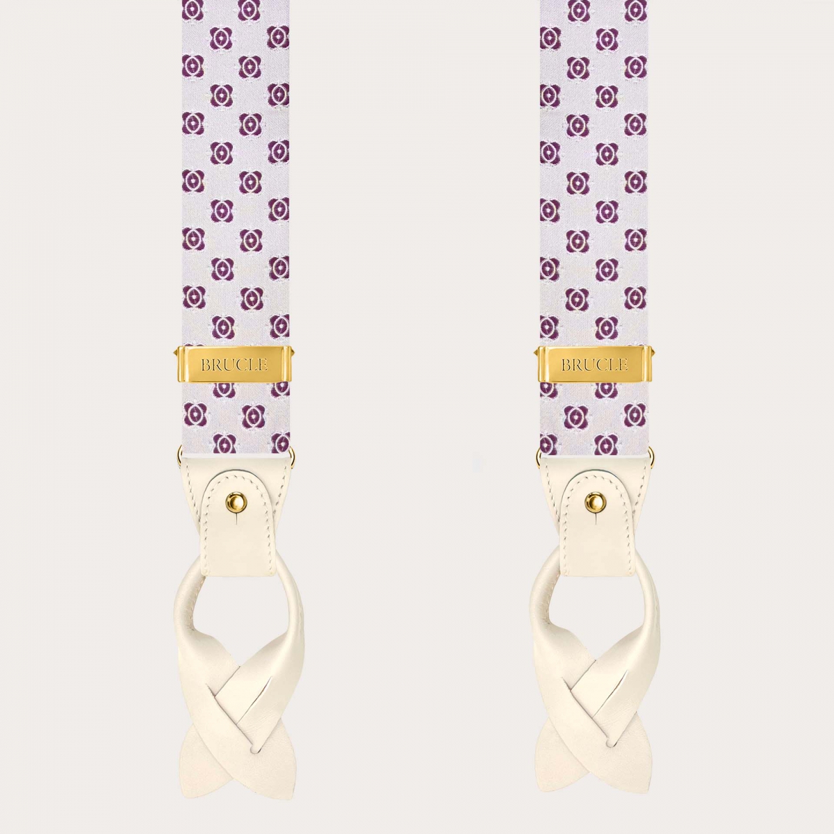 White and fuchsia silk men’s suspenders with gold-tone metal fittings