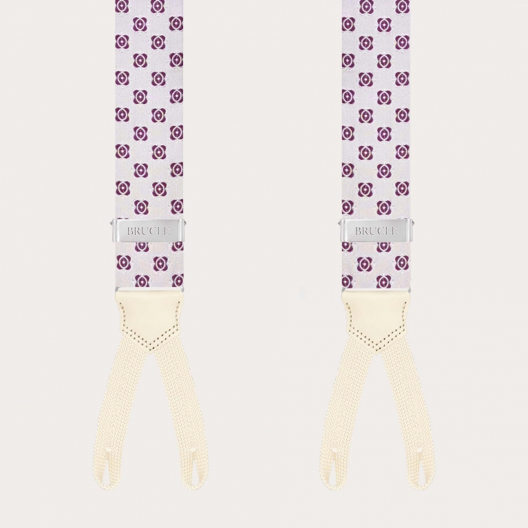 White silk braces with fuchsia floral pattern and buttonholes