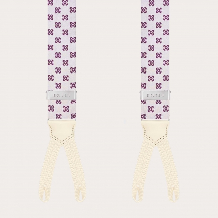 Weiße Seiden-Hosenträger mit fuchsiafarbenem Blumenmuster und Schlaufen für Knöpfe