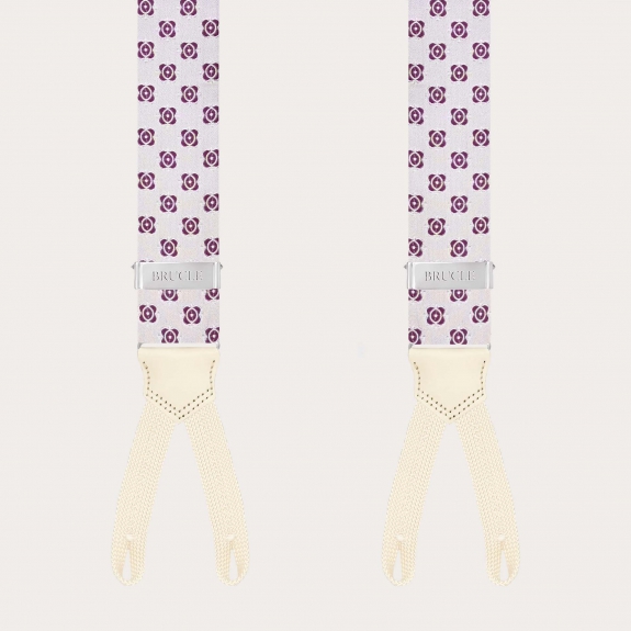 Weiße Seiden-Hosenträger mit fuchsiafarbenem Blumenmuster und Schlaufen für Knöpfe