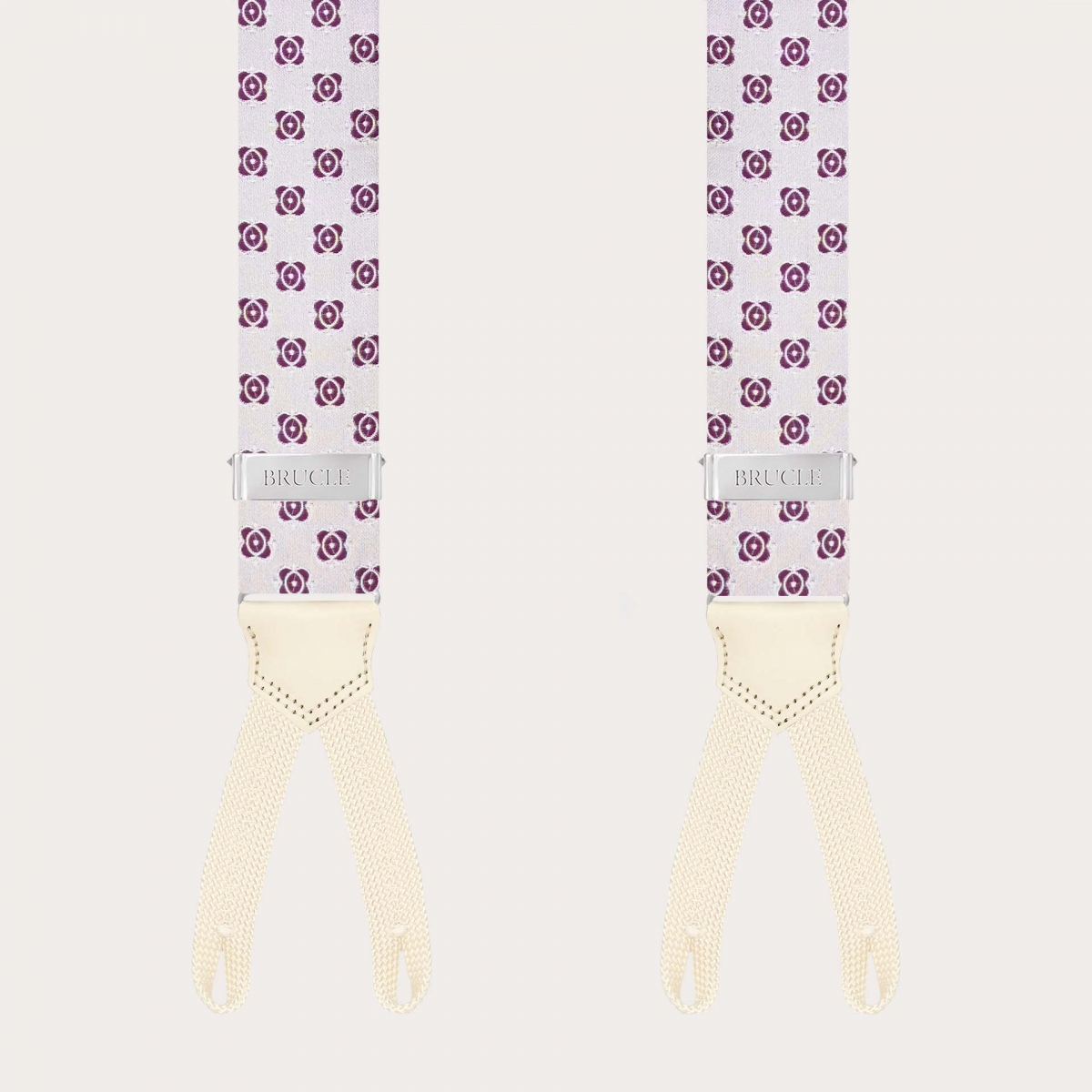 White silk braces with fuchsia floral pattern and buttonholes