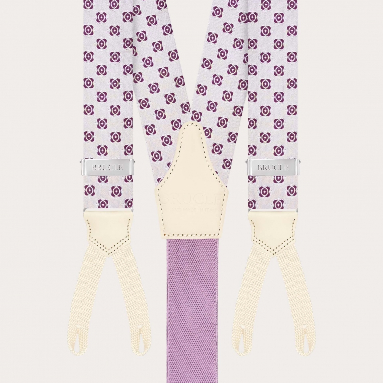 White silk braces with fuchsia floral pattern and buttonholes