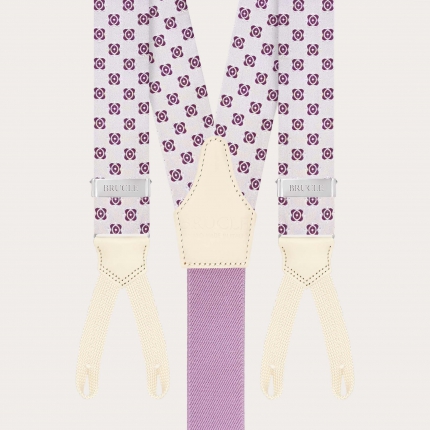 White silk braces with fuchsia floral pattern and buttonholes