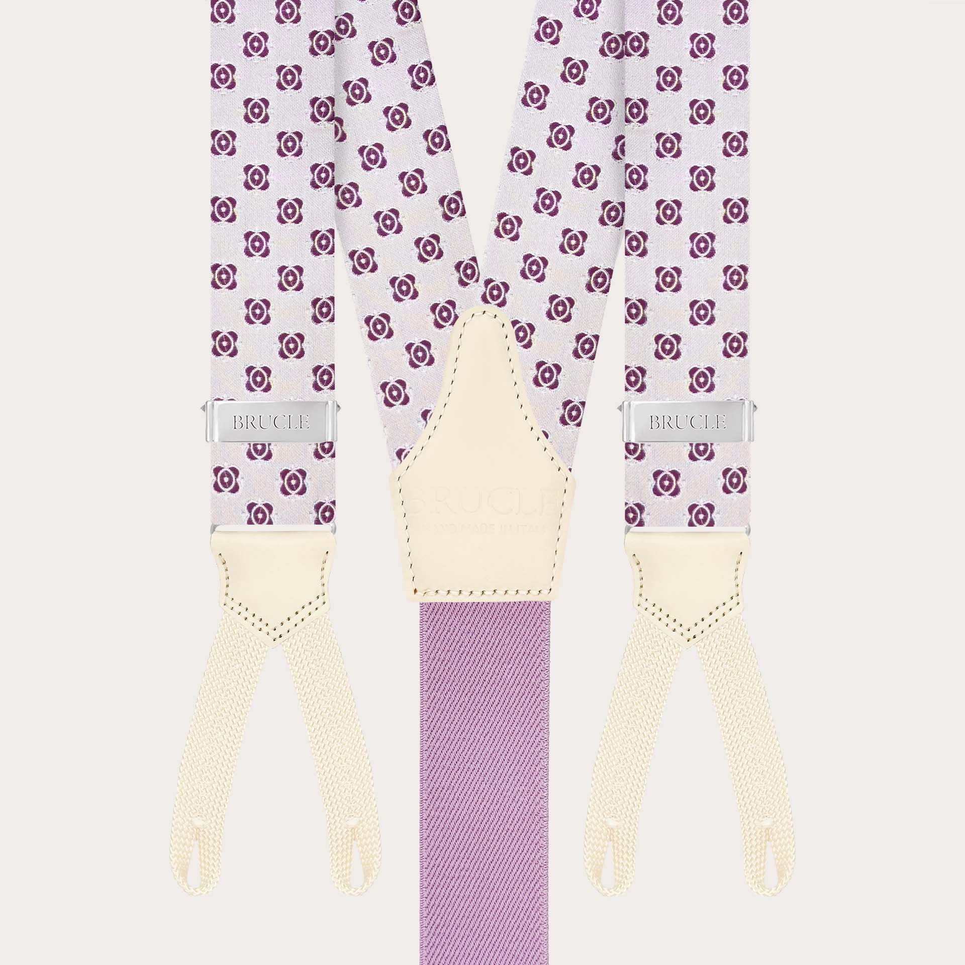 White silk braces with fuchsia floral pattern and buttonholes