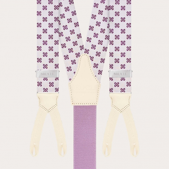 White silk braces with fuchsia floral pattern and buttonholes