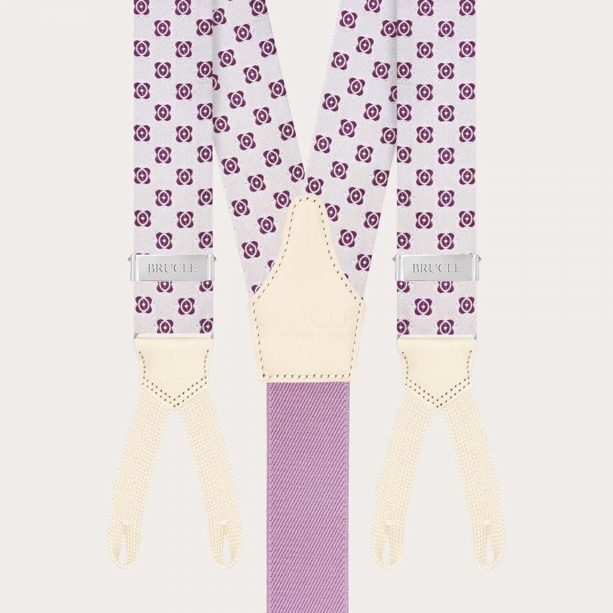 White silk braces with fuchsia floral pattern and buttonholes