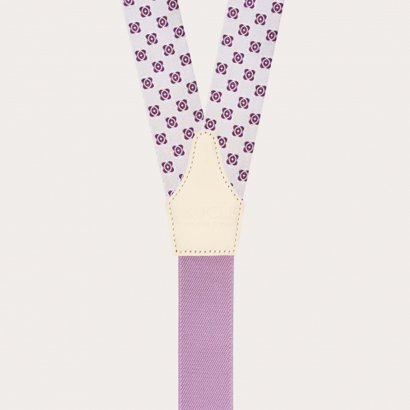 Bretelles blanches en soie à motif floral fuchsia avec pattes à boutons et réglages dorés