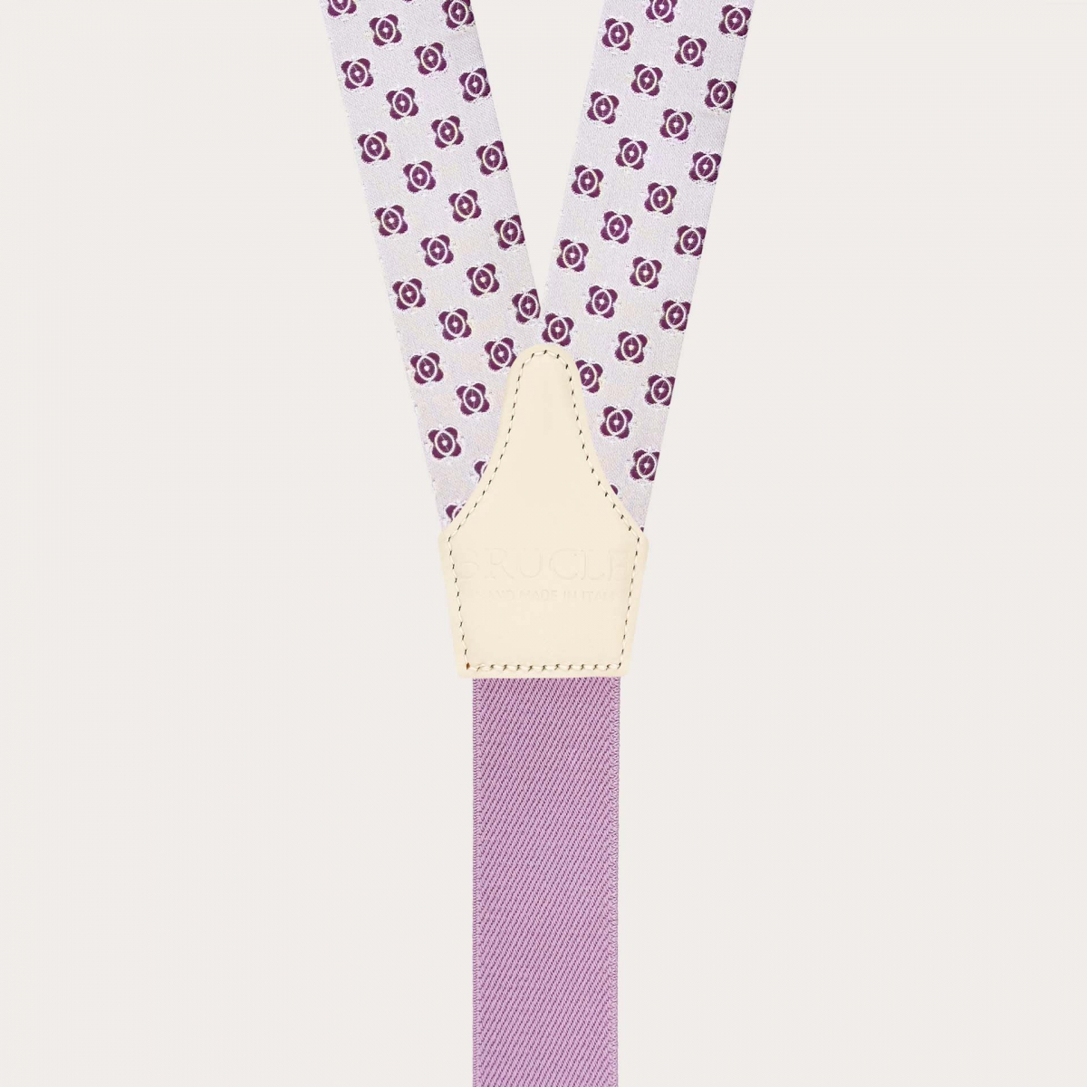 Weiße Seiden-Hosenträger mit fuchsiafarbenem Blumenmuster, Schlaufen für Knöpfe und goldfarbenen Verstellern