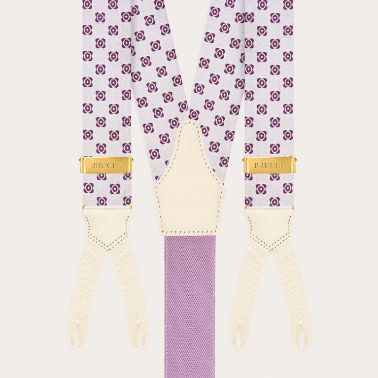 White silk braces with fuchsia floral pattern, buttonholes and gold adjusters