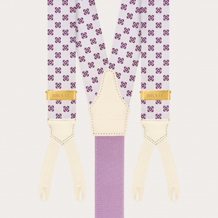 White silk braces with fuchsia floral pattern, buttonholes and gold adjusters