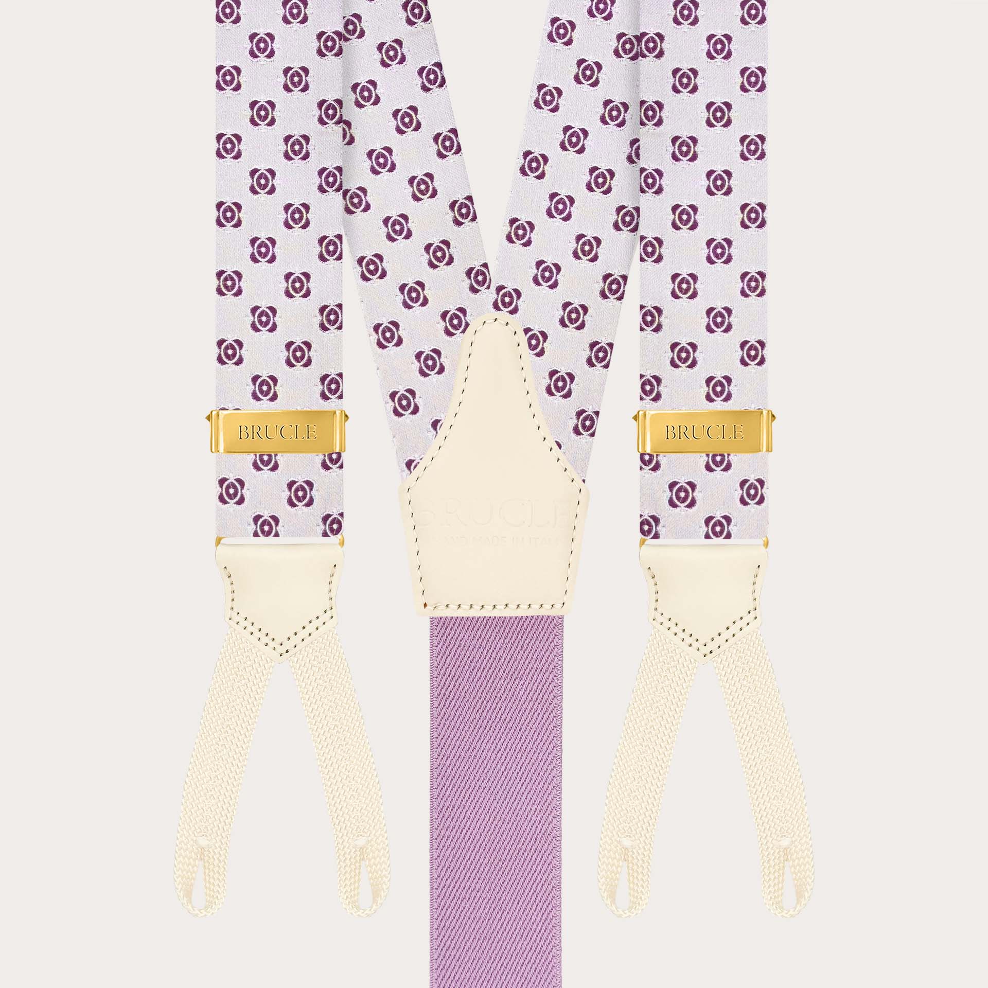 Tirantes blancos de seda con estampado floral fucsia, ojales para botones y reguladores dorados