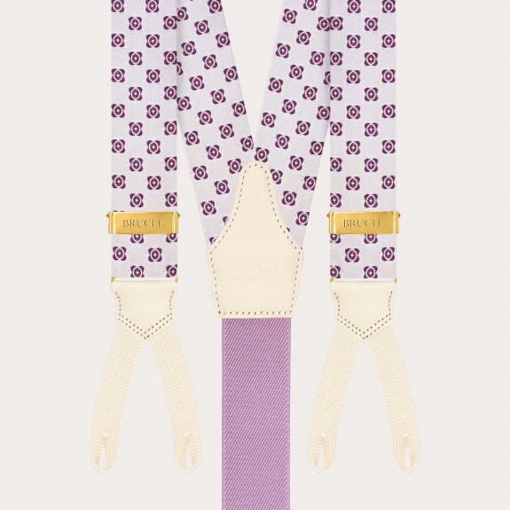 Tirantes blancos de seda con estampado floral fucsia, ojales para botones y reguladores dorados