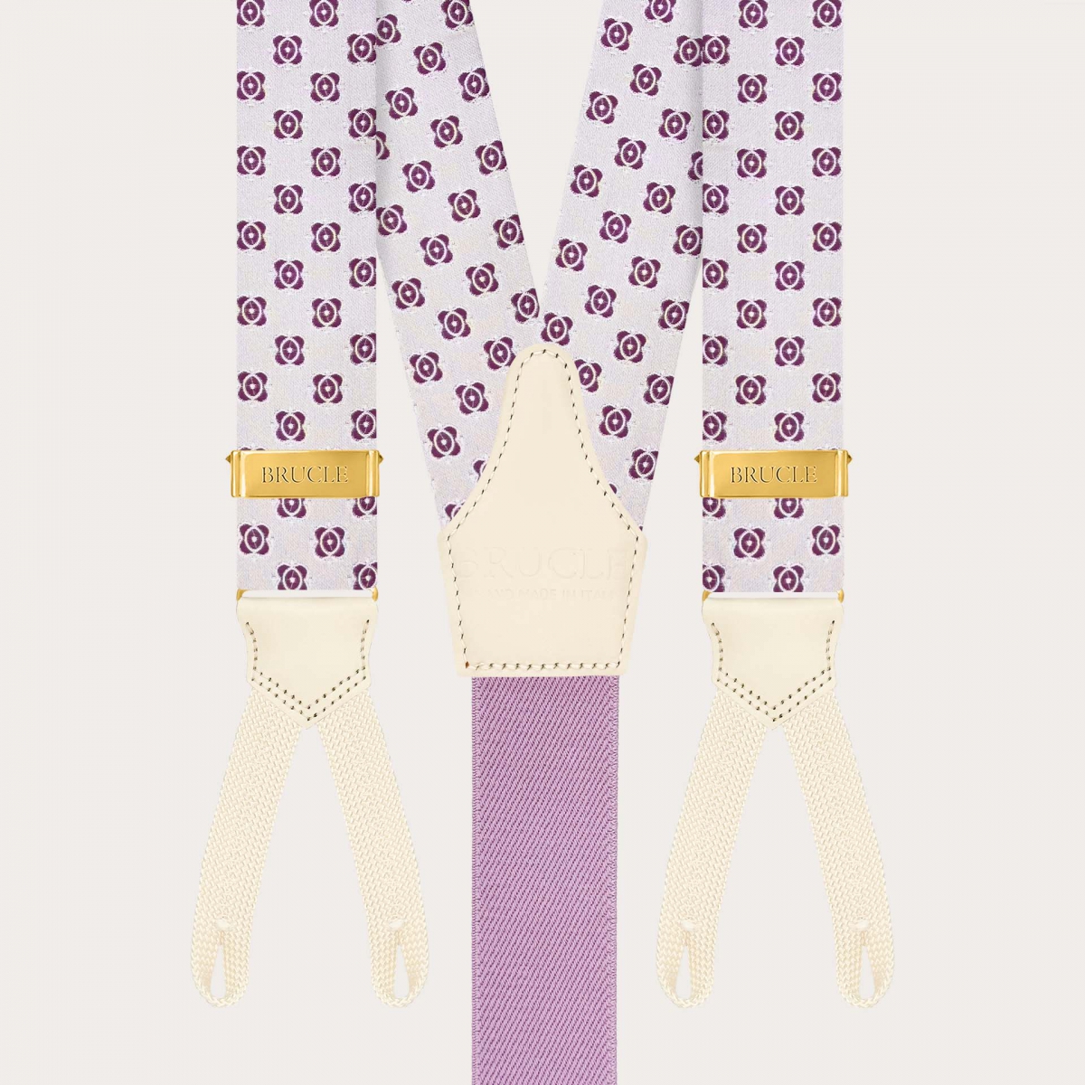 Weiße Seiden-Hosenträger mit fuchsiafarbenem Blumenmuster, Schlaufen für Knöpfe und goldfarbenen Verstellern