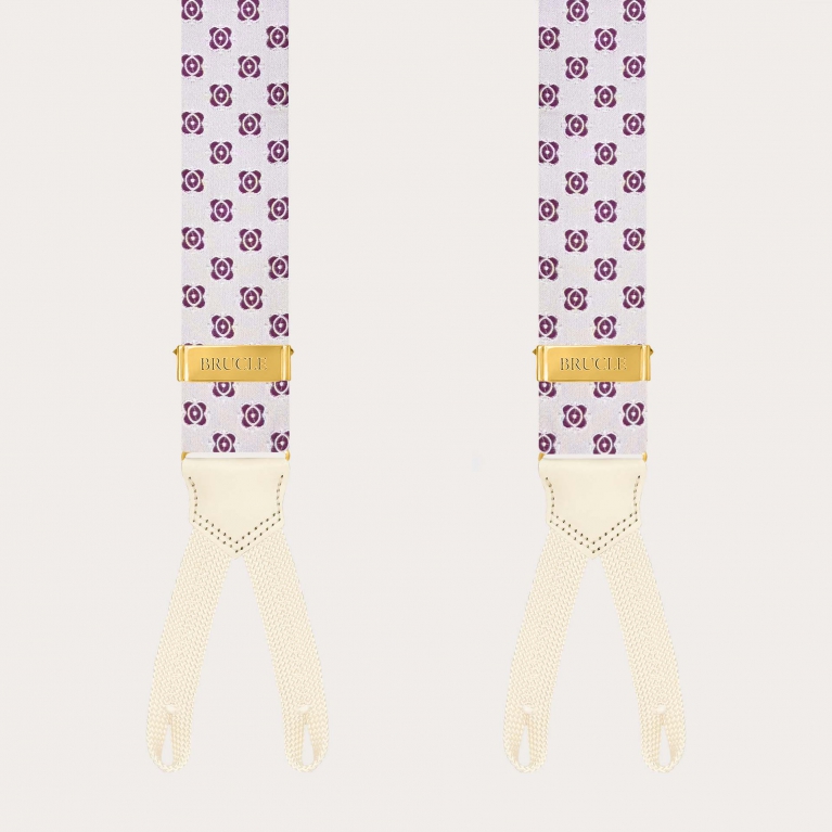 White silk braces with fuchsia floral pattern, buttonholes and gold adjusters