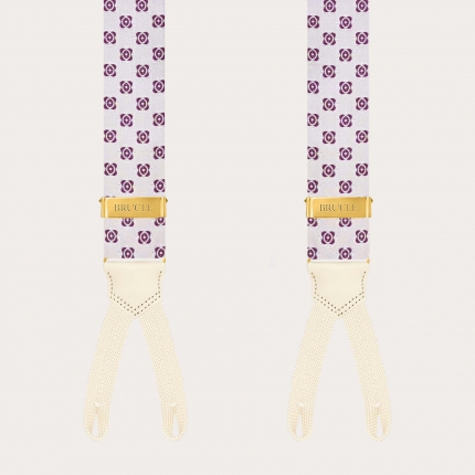 Bretelles blanches en soie à motif floral fuchsia avec pattes à boutons et réglages dorés