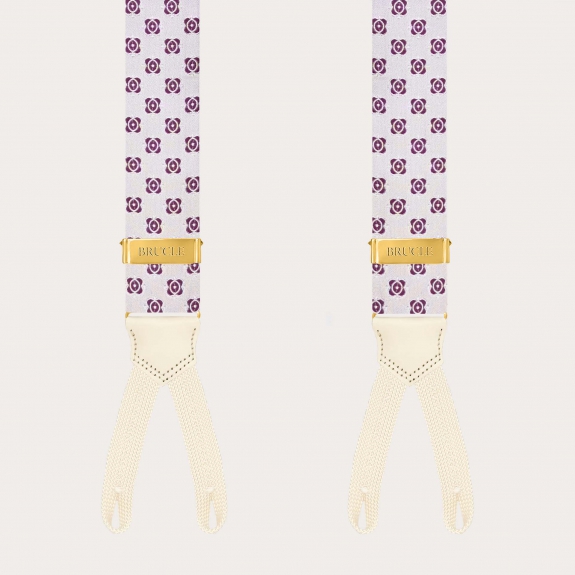 White silk braces with fuchsia floral pattern, buttonholes and gold adjusters