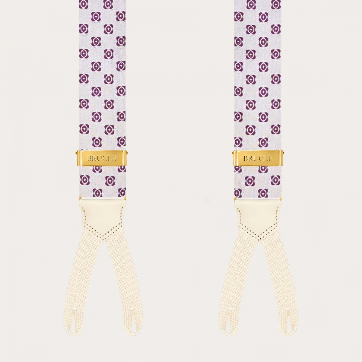 White silk braces with fuchsia floral pattern, buttonholes and gold adjusters