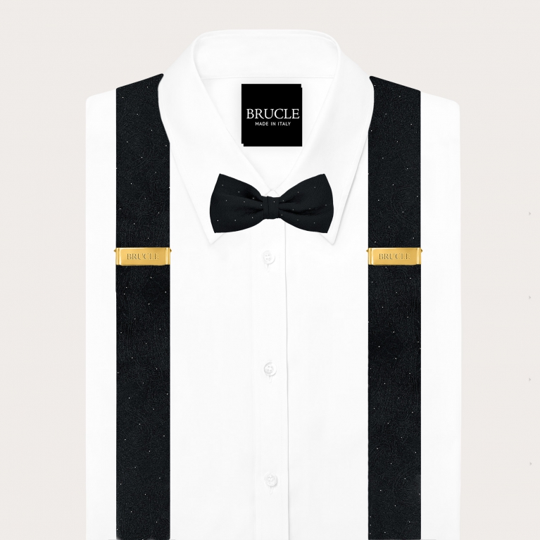 Coordinated set of button suspenders and black paisley bow tie