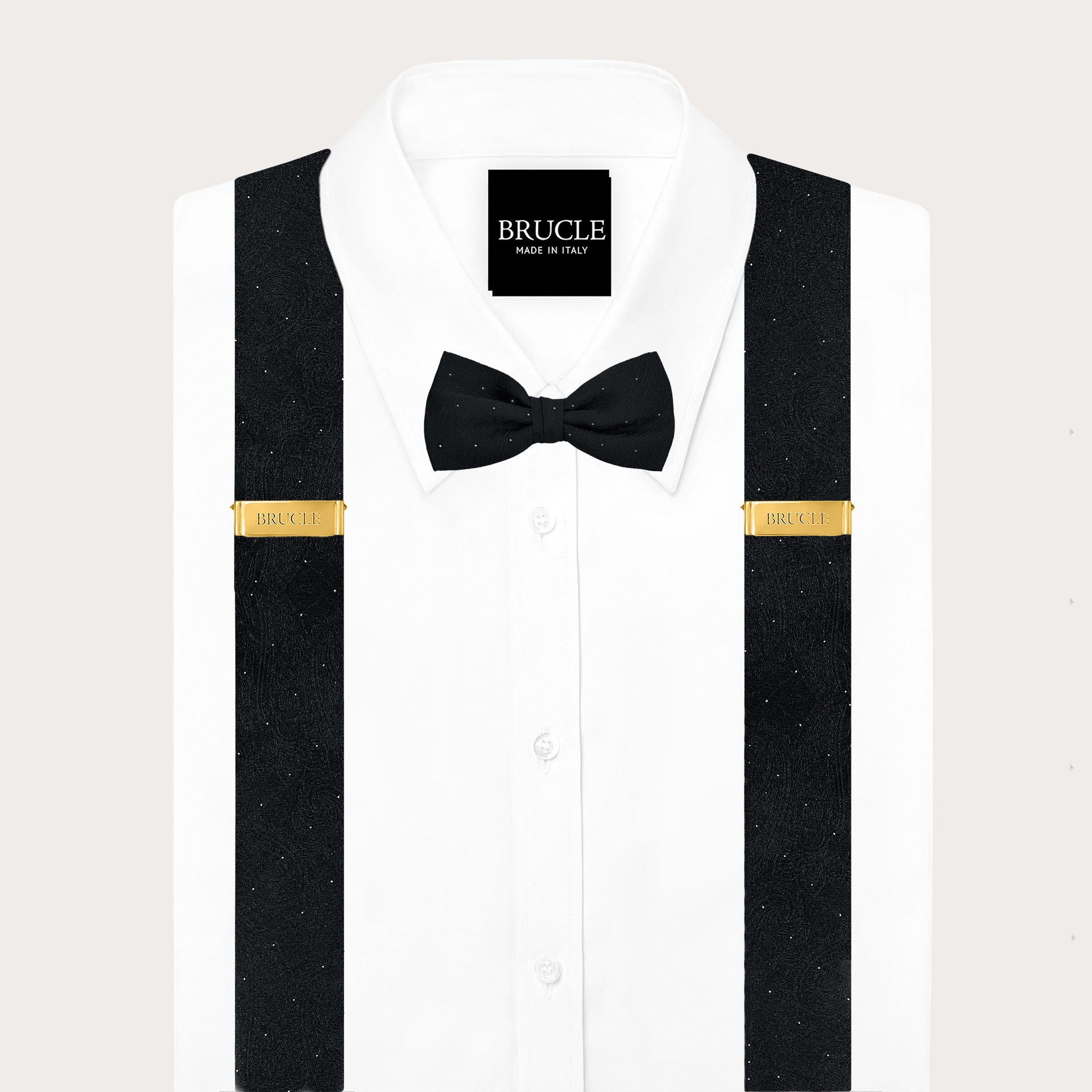 Coordinated set of button suspenders and black paisley bow tie