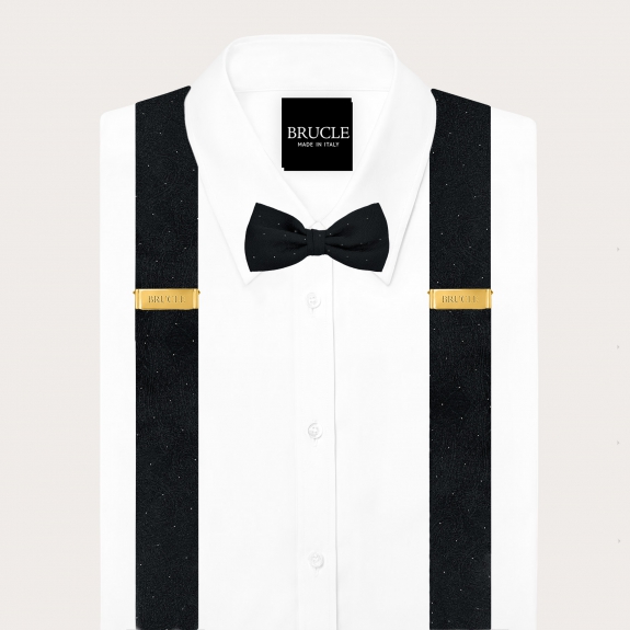 Coordinated set of button suspenders and black paisley bow tie