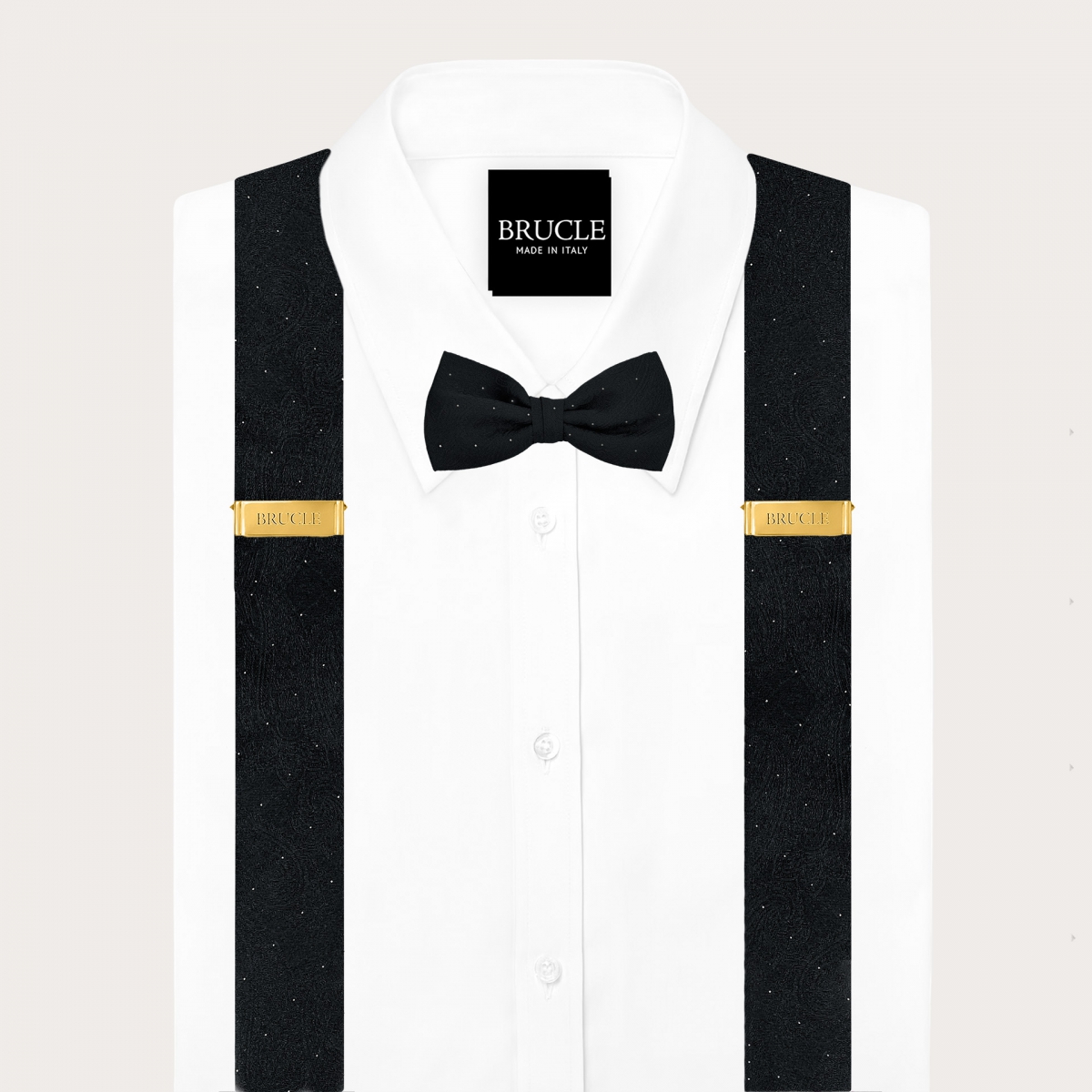 Coordinated set of button suspenders and black paisley bow tie