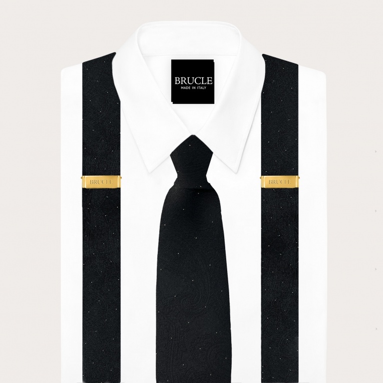 Set with gold-clip suspenders and 8 cm silk tie with tone-on-tone paisley pattern
