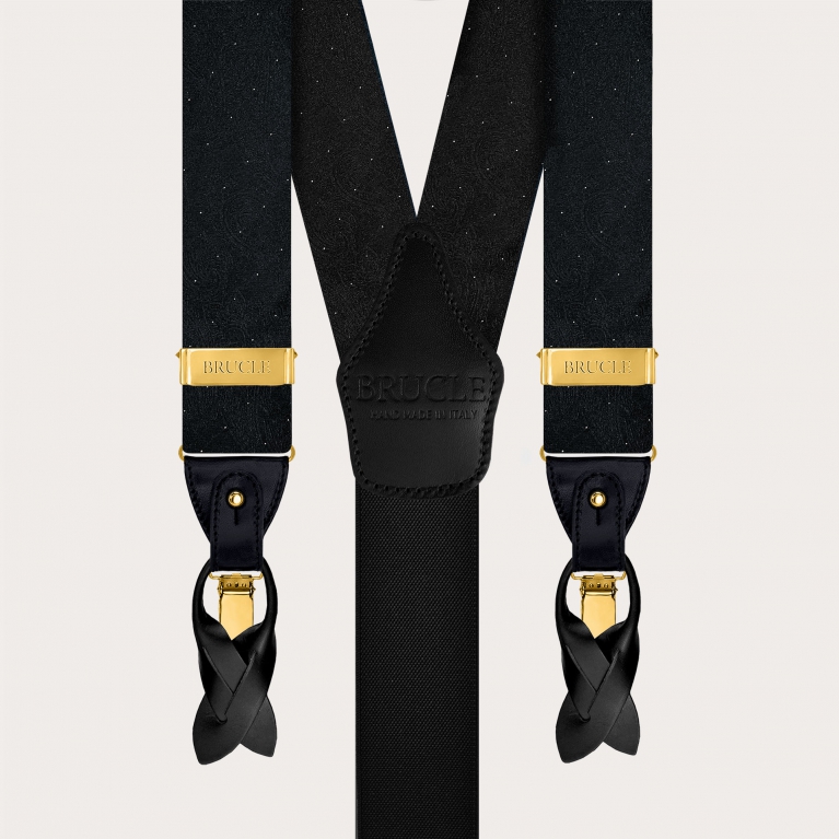 Set mit Hosenträgern mit goldfarbenen Clips und 8 cm breiter Seidenkrawatte mit Paisley-Muster Ton in Ton