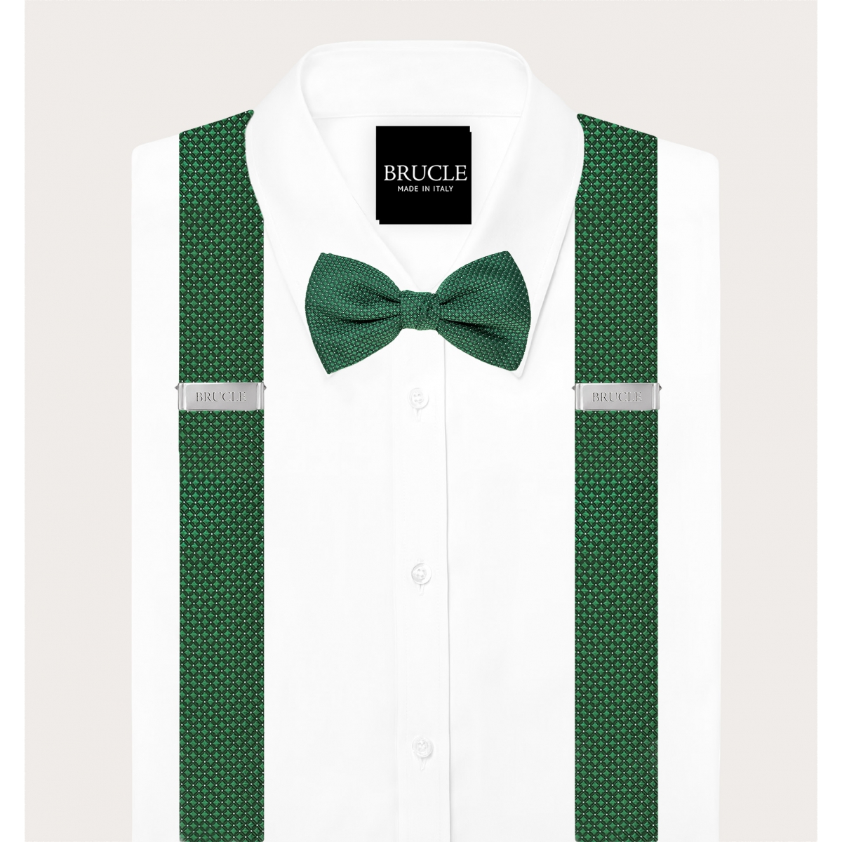 Coordinated green polka dot suspenders and bow tie set
