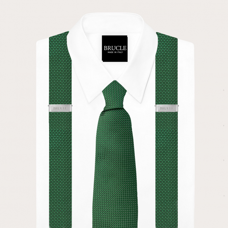 Set coordinado de tirantes y corbata en seda verde con motivo de micro puntos