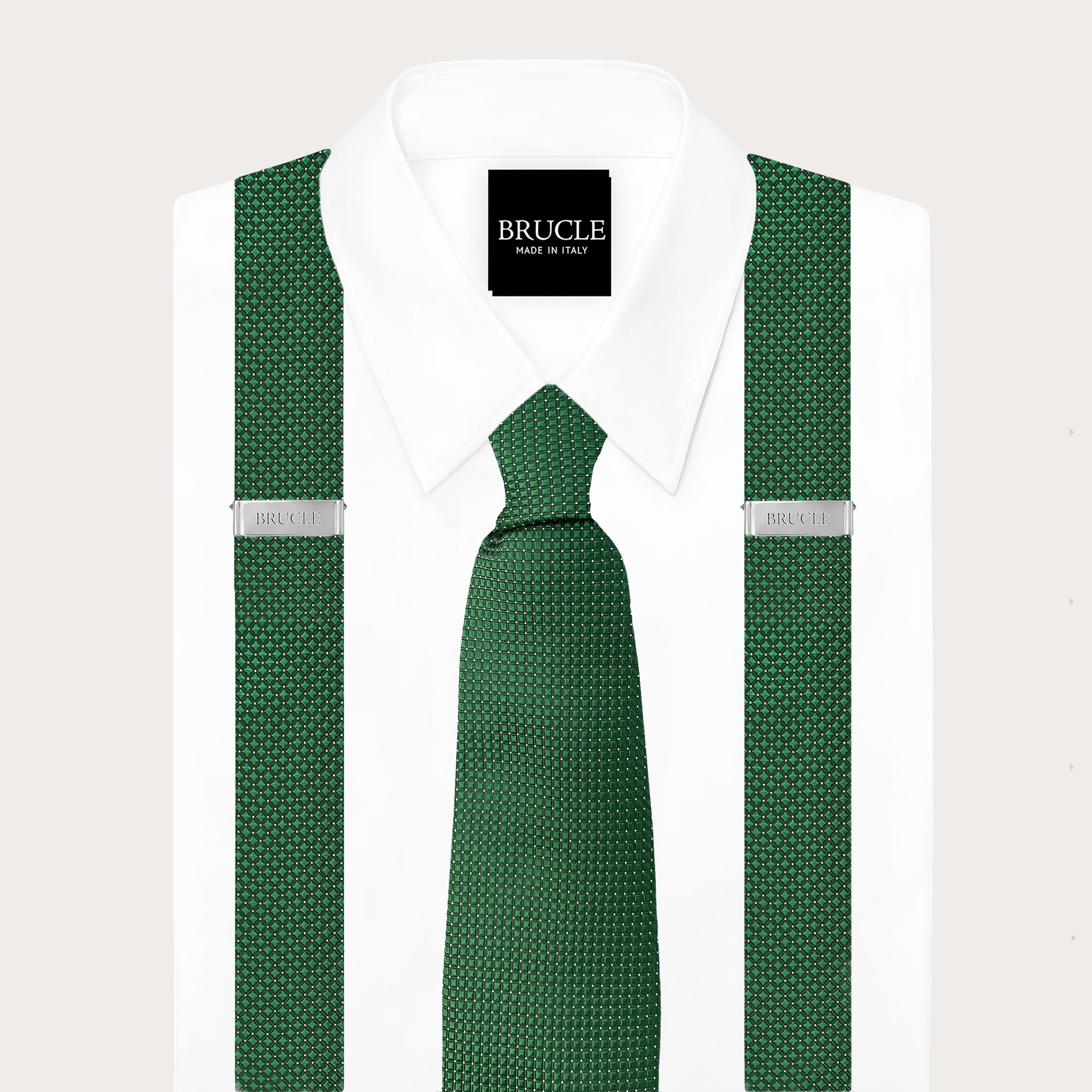 Coordinated set of green pin-dot silk suspenders and tie