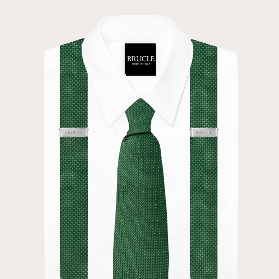 Set coordinado de tirantes y corbata en seda verde con motivo de micro puntos