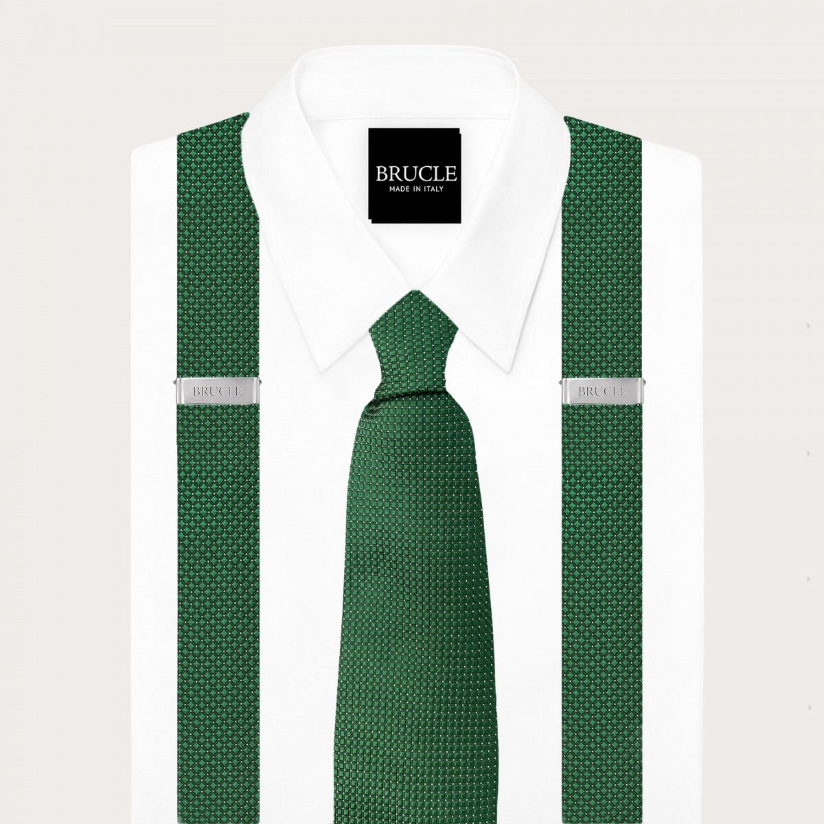 Set coordinado de tirantes y corbata en seda verde con motivo de micro puntos