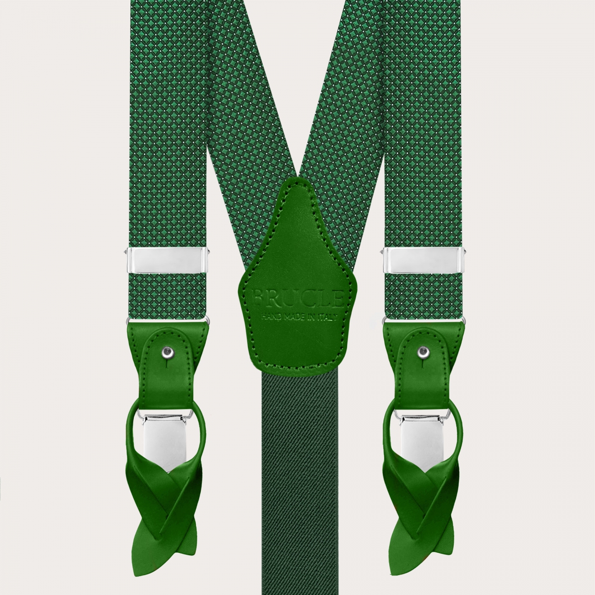 Coordinated set of green pin-dot silk suspenders and tie