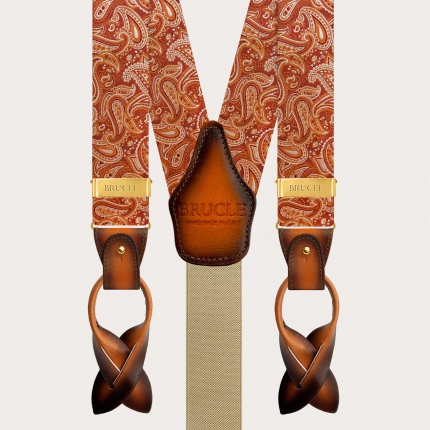 Bretelle in seta paisley arancio marsala con clip oro