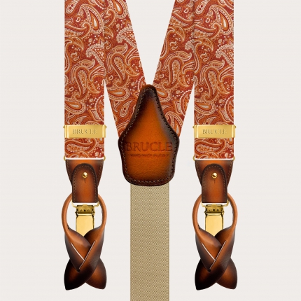 Marsala orange paisley silk suspenders with gold clips