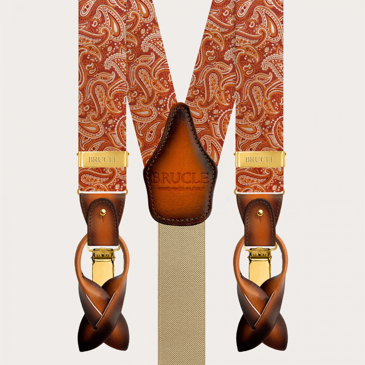 Hosenträger aus marsala-orangefarbener Paisley-Seide mit goldfarbenen Clips